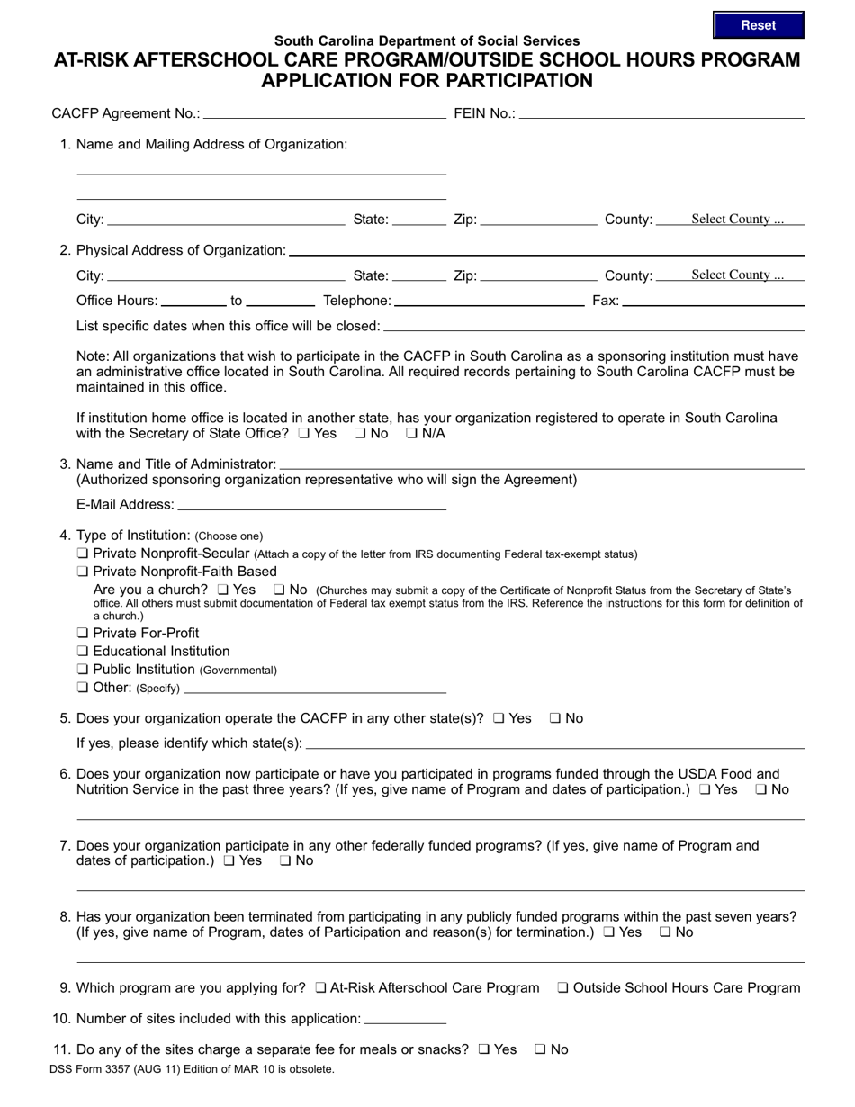 DSS Form 3357 At-Risk Afterschool Care Program / Outside School Hours Program Application for Participation - South Carolina, Page 1