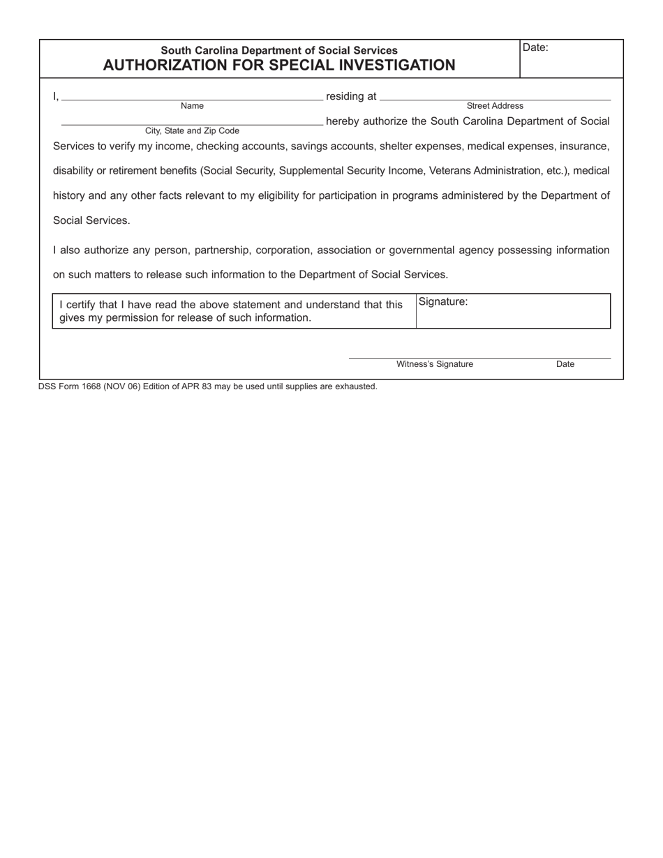 DSS Form 1668 Authorization for Special Investigation - South Carolina, Page 1