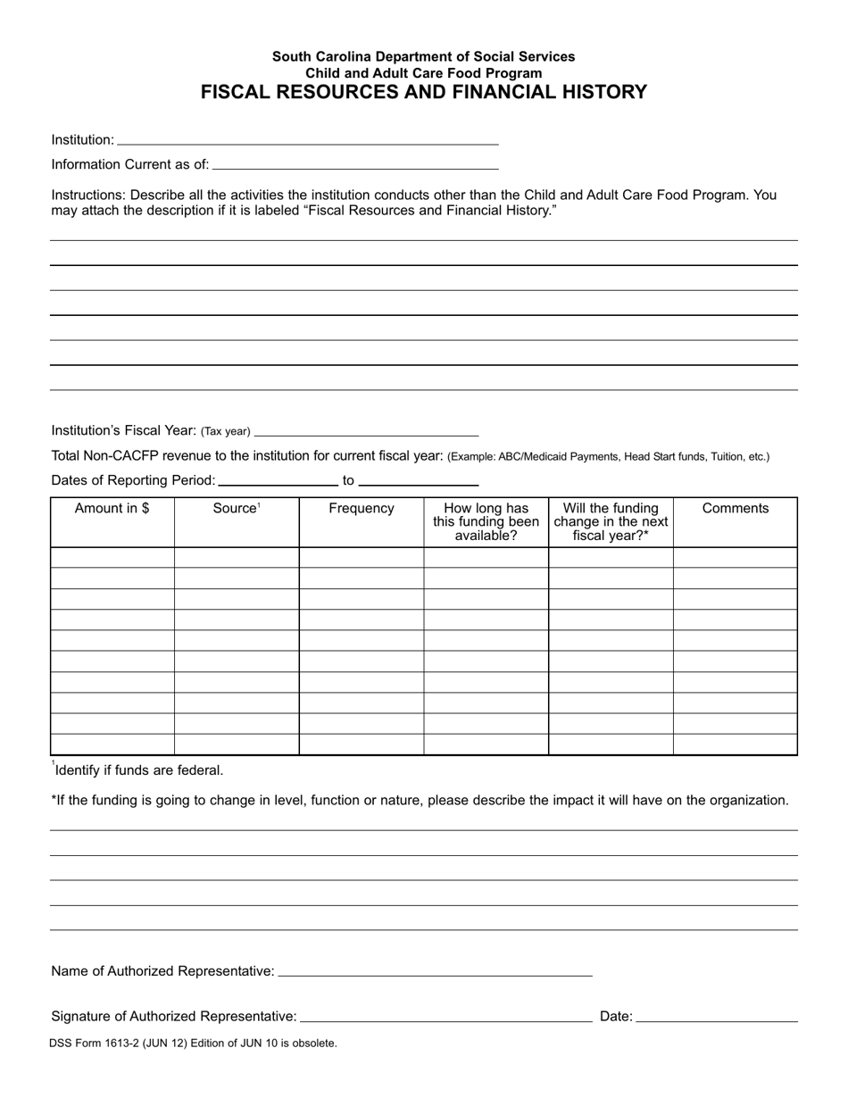 DSS Form 1613-2 Fiscal Resources and Financial History - South Carolina, Page 1