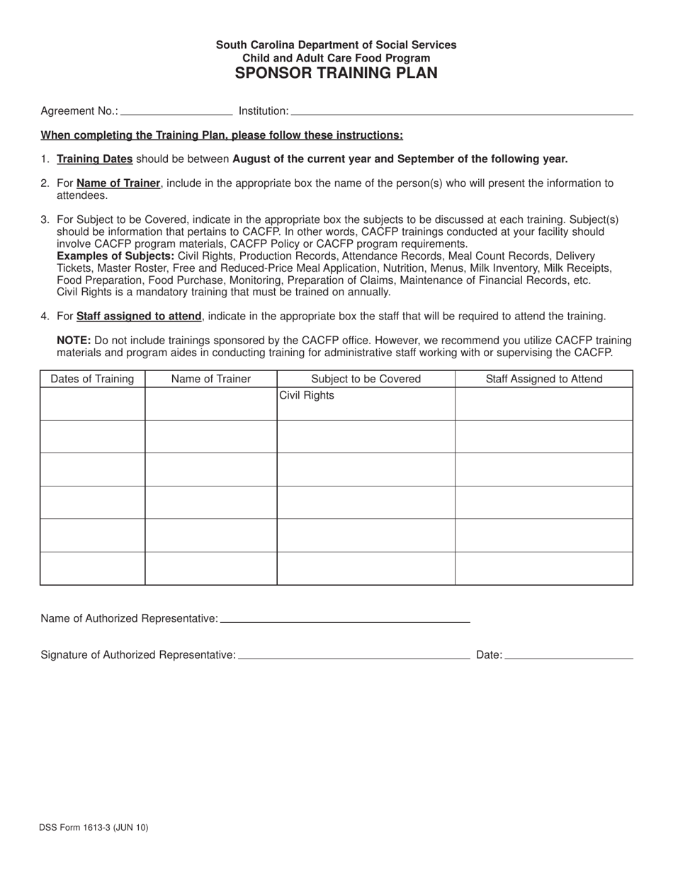 DSS Form 1613-3 Sponsor Training Plan - South Carolina, Page 1