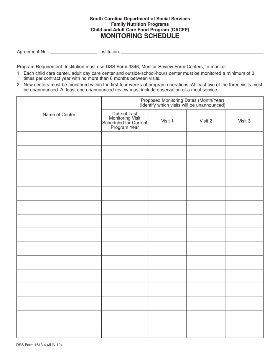 DSS Form 1613-4 CACFP Monitoring Schedule - South Carolina, Page 1