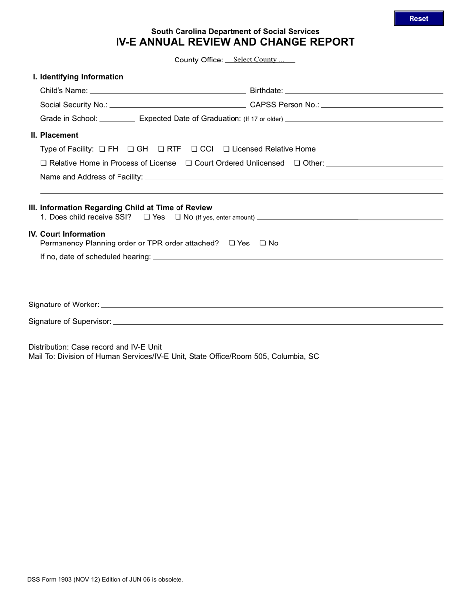 DSS Form 1903 IV-E Annual Review and Change Report - South Carolina, Page 1