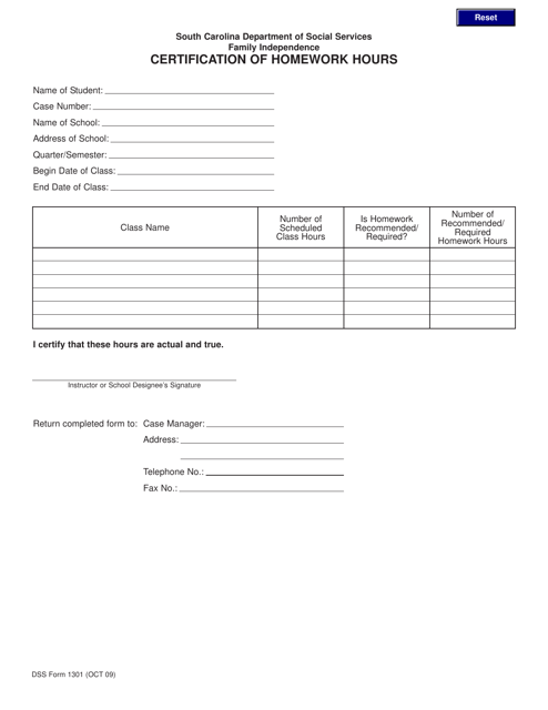 DSS Form 1301 Certification of Homework Hours - South Carolina