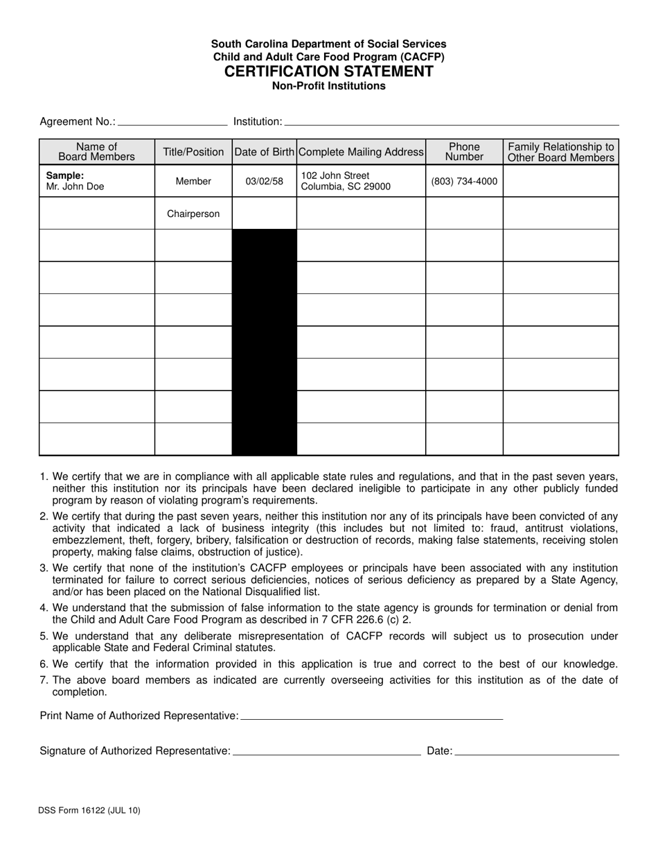 DSS Form 16122 Certification Statement - Non-profit Institutions - South Carolina, Page 1