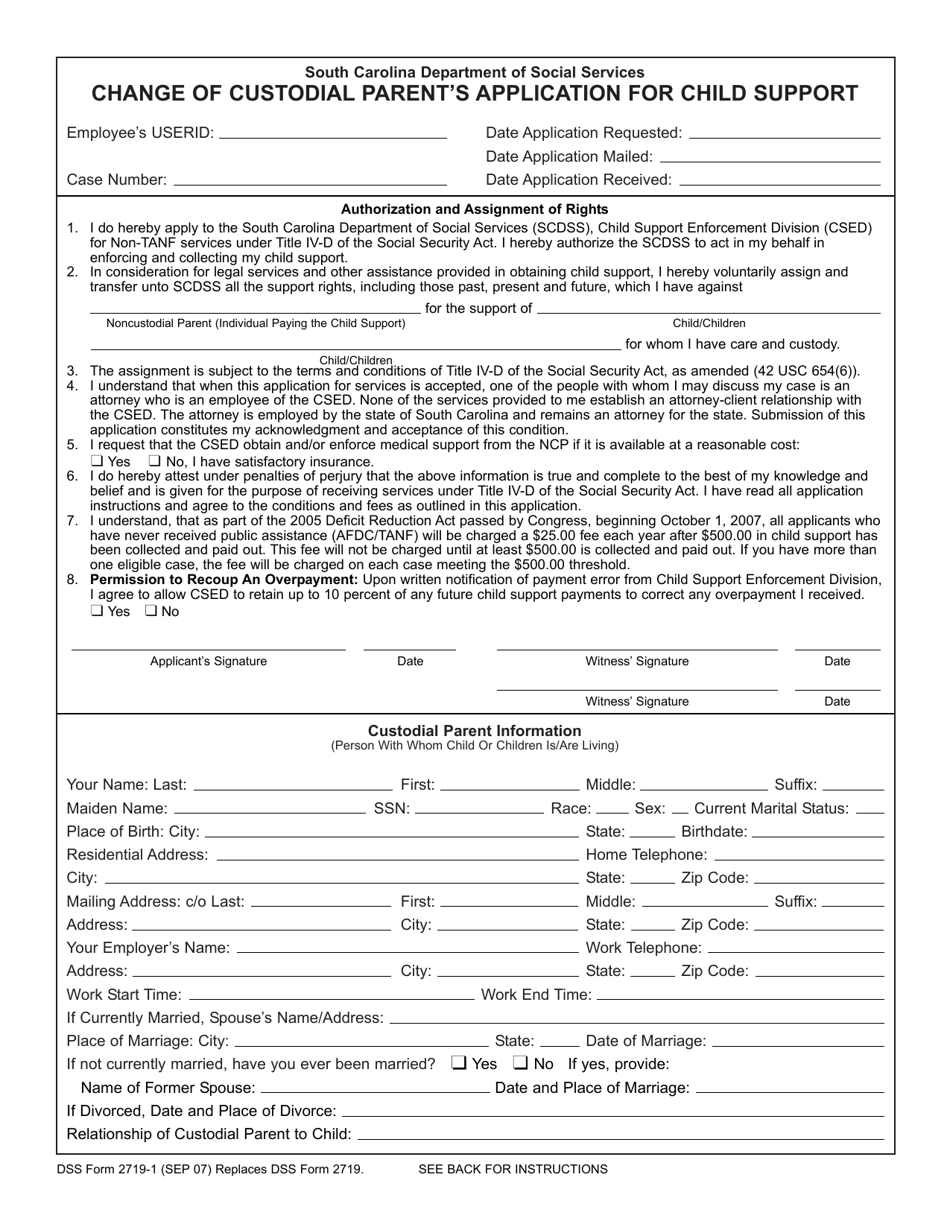 DSS Form 2719-1 Change of Custodial Parents Application for Child Support - South Carolina, Page 1