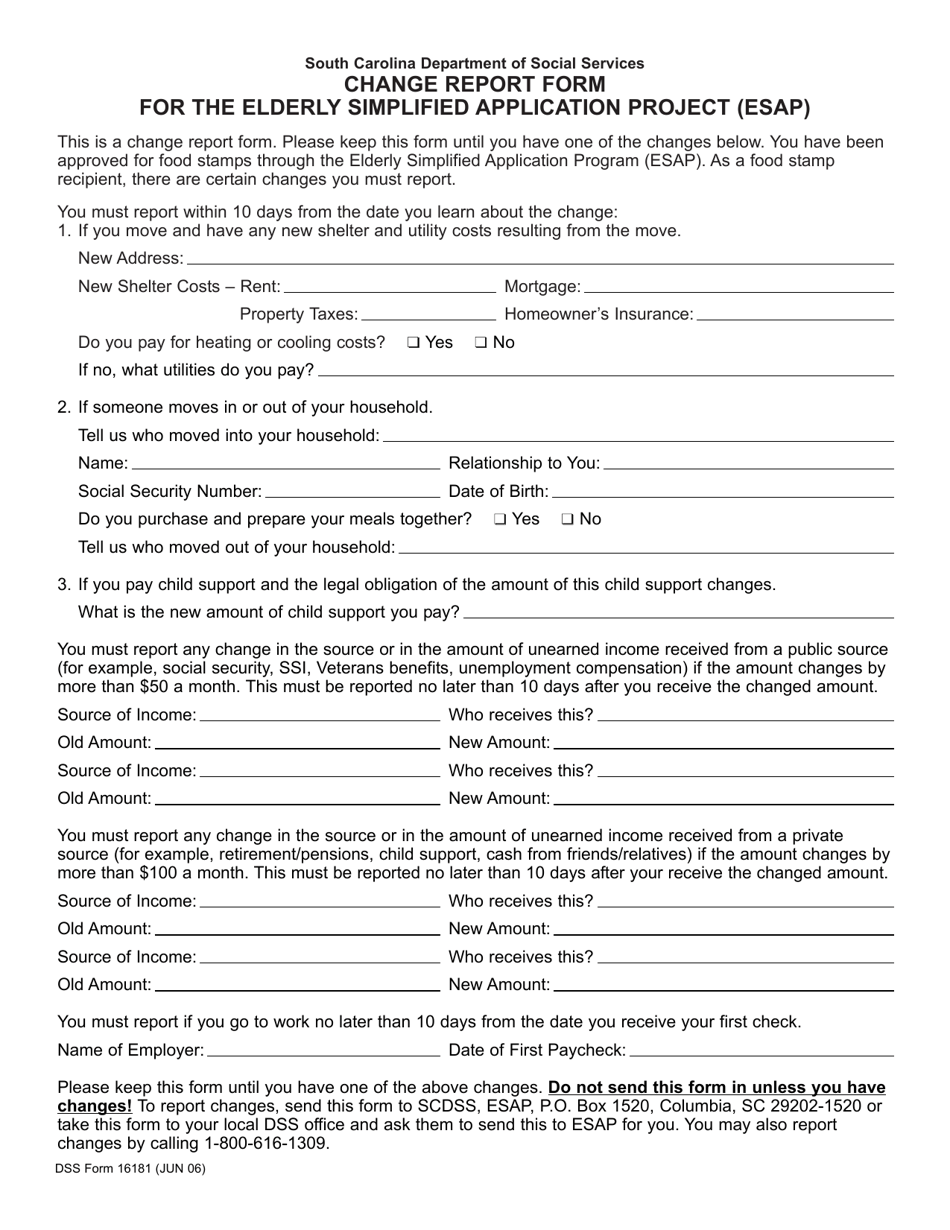 DSS Form 16181 Change Report Form for the Elderly Simplified Application Project (Esap) - South Carolina, Page 1