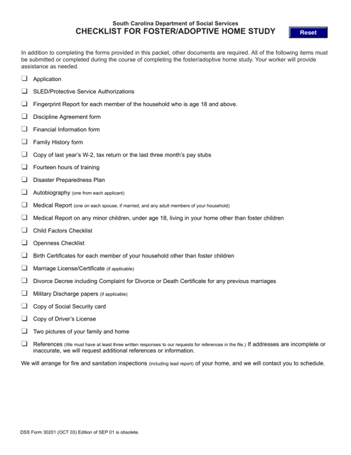 DSS Form 30201 Checklist for Foster/Adoptive Home Study - South Carolina
