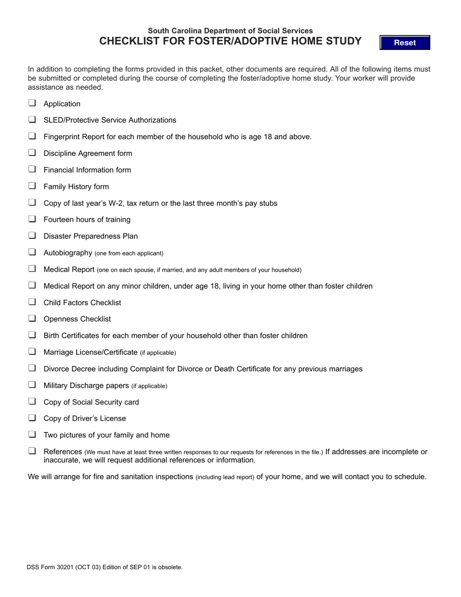 DSS Form 30201 Checklist for Foster / Adoptive Home Study - South Carolina, Page 1