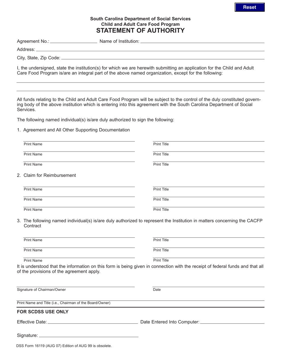 DSS Form 16119 Statement of Authority - South Carolina, Page 1