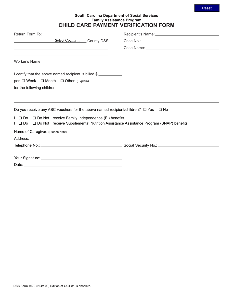 DSS Form 1670 Child Care Payment Verification Form - South Carolina, Page 1