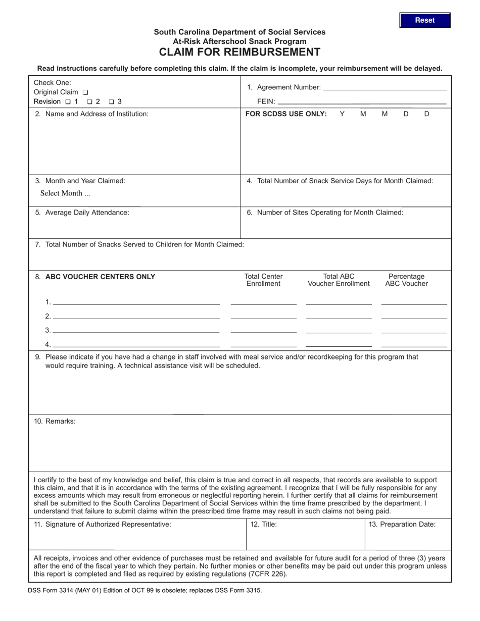 DSS Form 3314 Claim for Reimbursement - at-Risk Afterschool Snack Program - South Carolina, Page 1