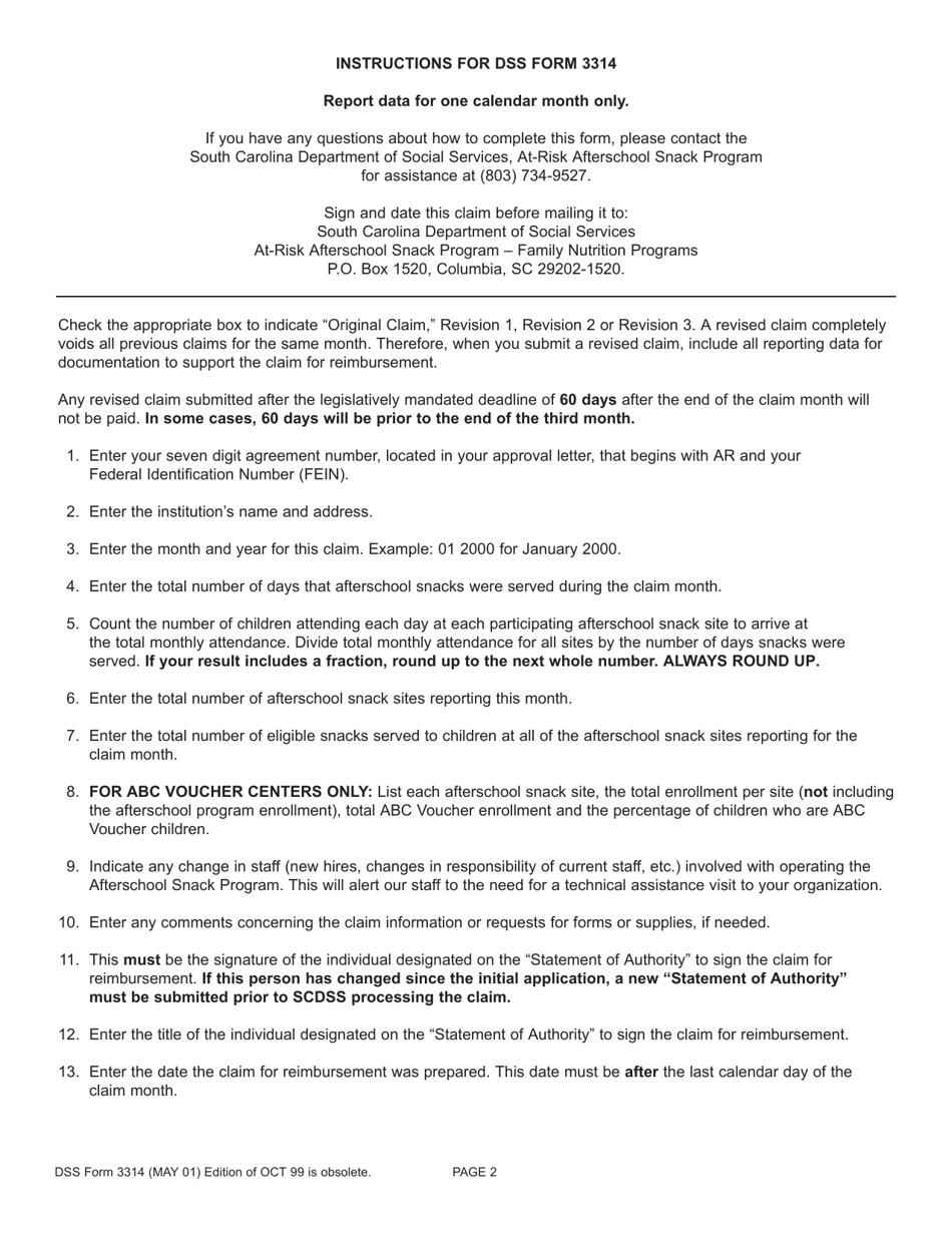 DSS Form 3314 Claim for Reimbursement - at-Risk Afterschool Snack Program - South Carolina, Page 2