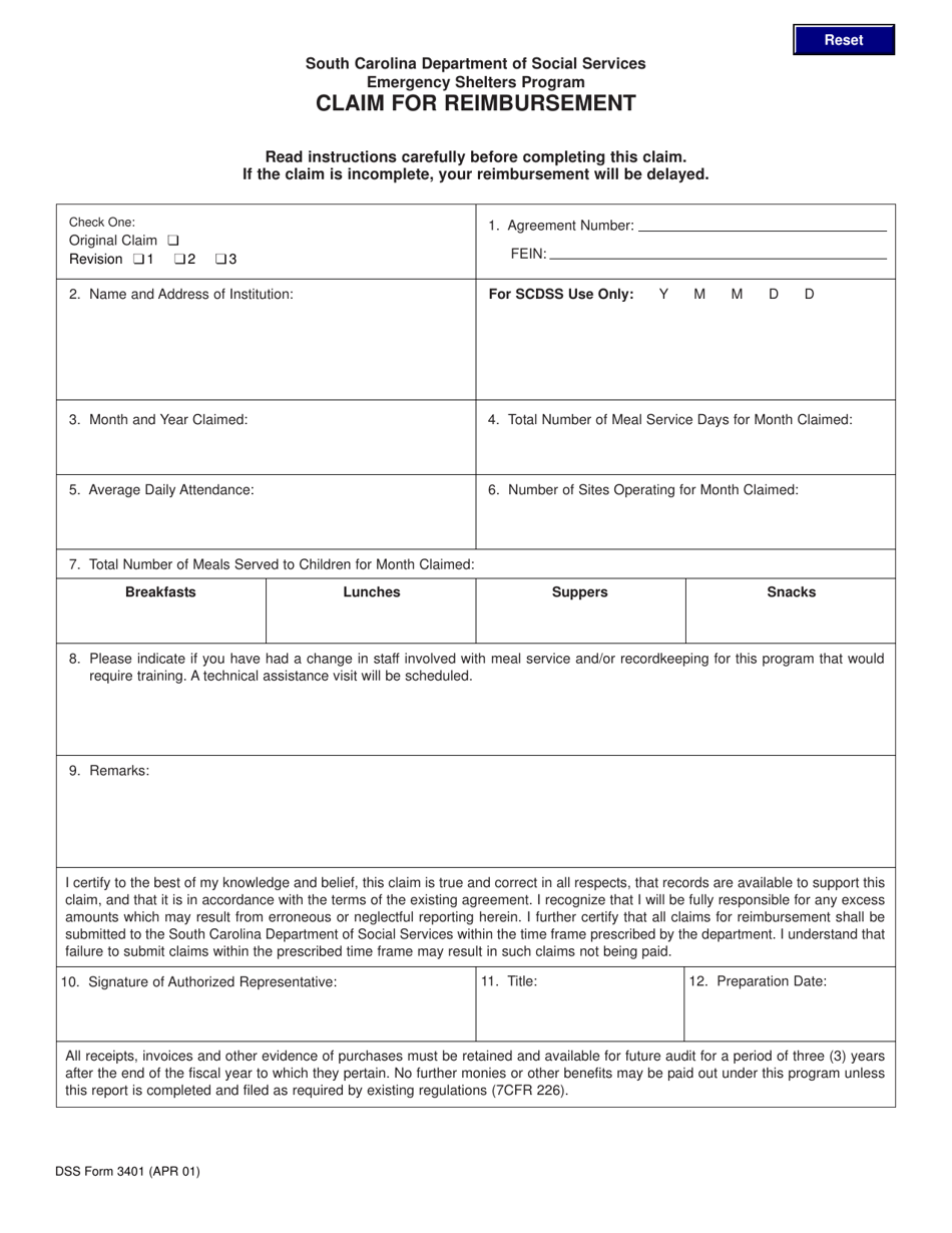 DSS Form 3401 Claim for Reimbursement - South Carolina, Page 1