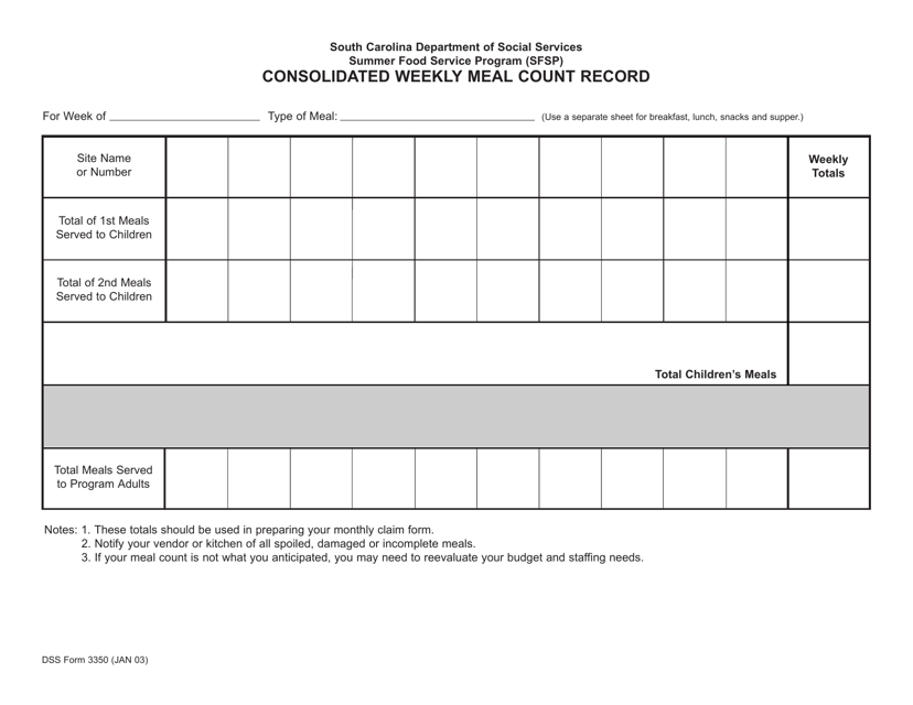 DSS Form 3350 Consolidated Weekly Meal Count Record - South Carolina