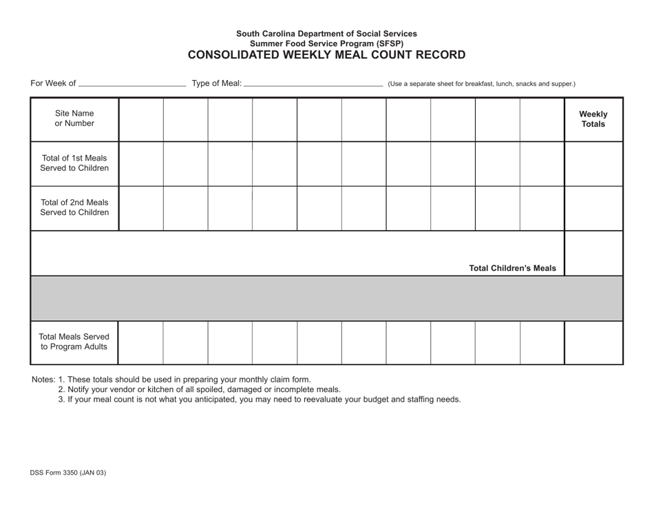 DSS Form 3350 Consolidated Weekly Meal Count Record - South Carolina, Page 1