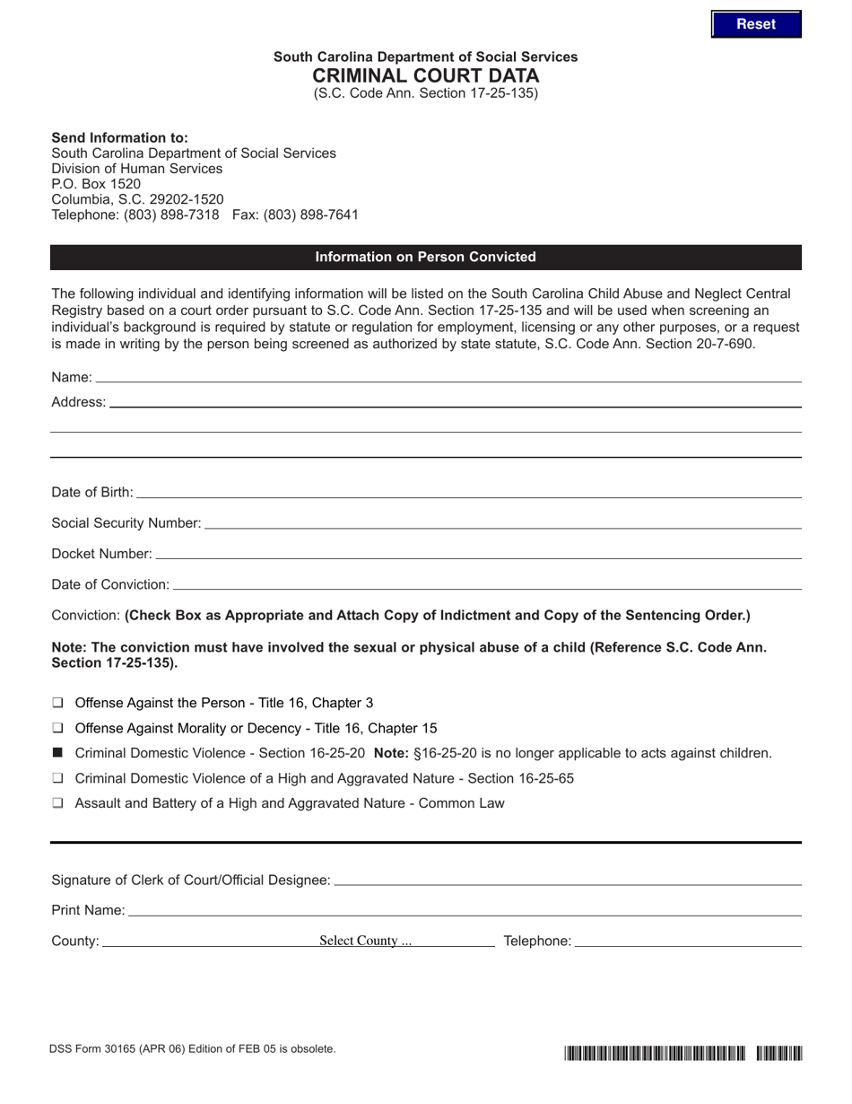 DSS Form 30165 Criminal Court Data - South Carolina, Page 1