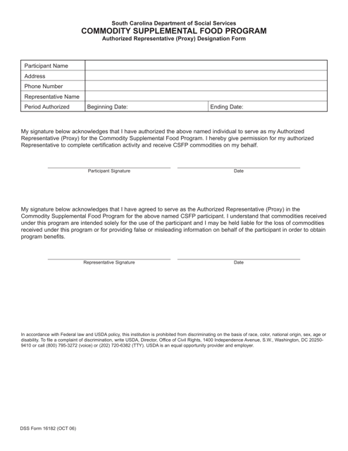 DSS Form 16182 Csfp Authorized Representative (Proxy) Designation Form - South Carolina