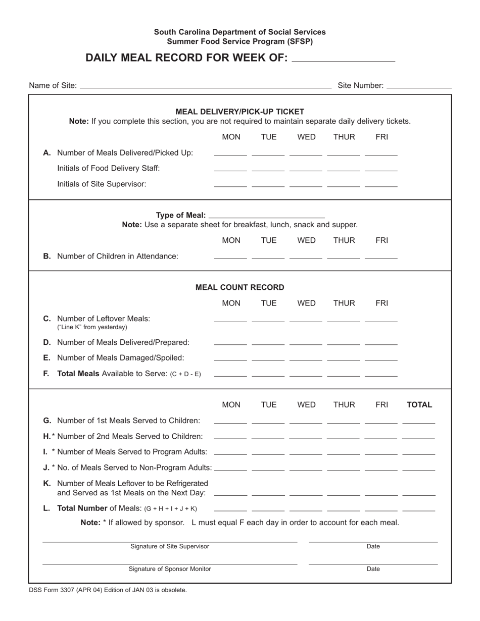 DSS Form 3307 Daily Meal Record - South Carolina, Page 1