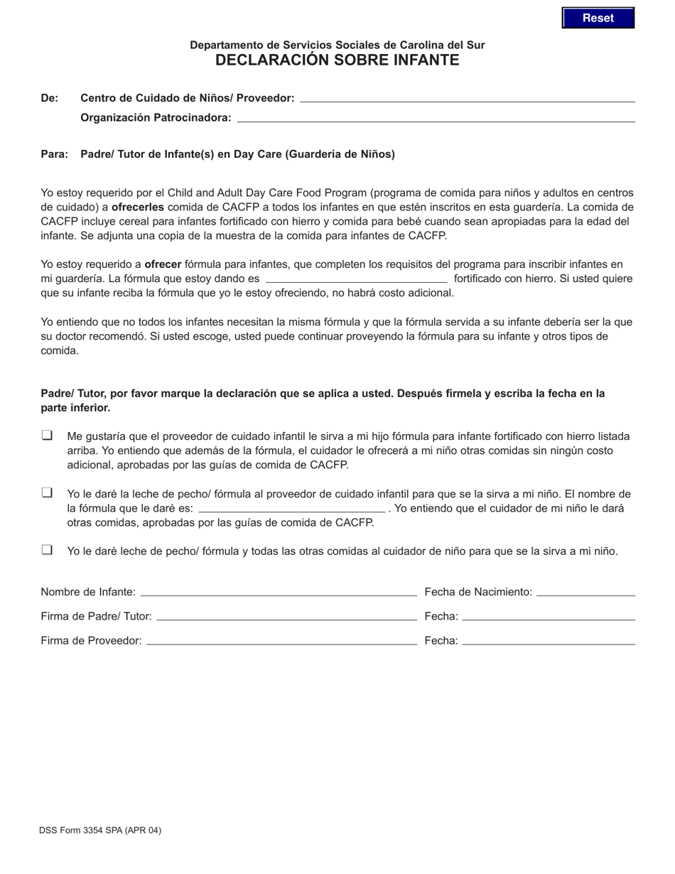 DSS Formulario 3354 SPA Declaracion Sobre Infante - South Carolina (Spanish), Page 1