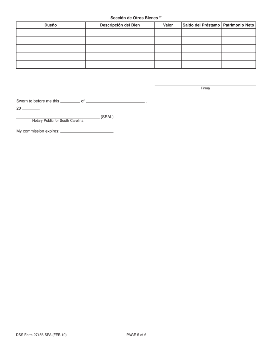 DSS Formulario 27156 SPA Declaracion Financiera - South Carolina (Spanish), Page 5