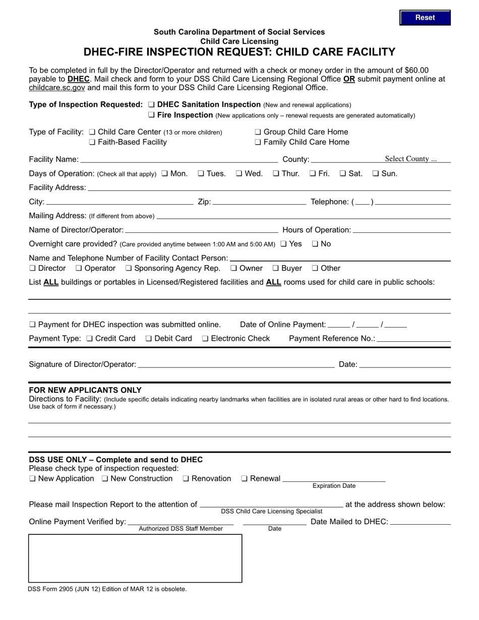 DSS Form 2905 Dhec-Fire Inspection Request: Child Care Facility - South Carolina, Page 1