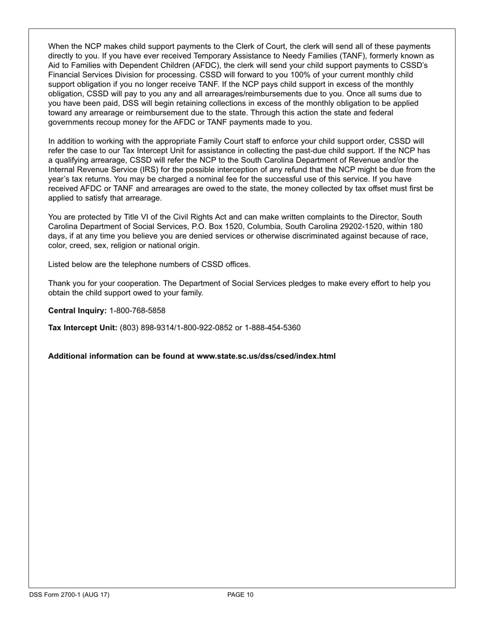 DSS Form 2700-1 Custodial Parents Application for Child Support Services - South Carolina, Page 10
