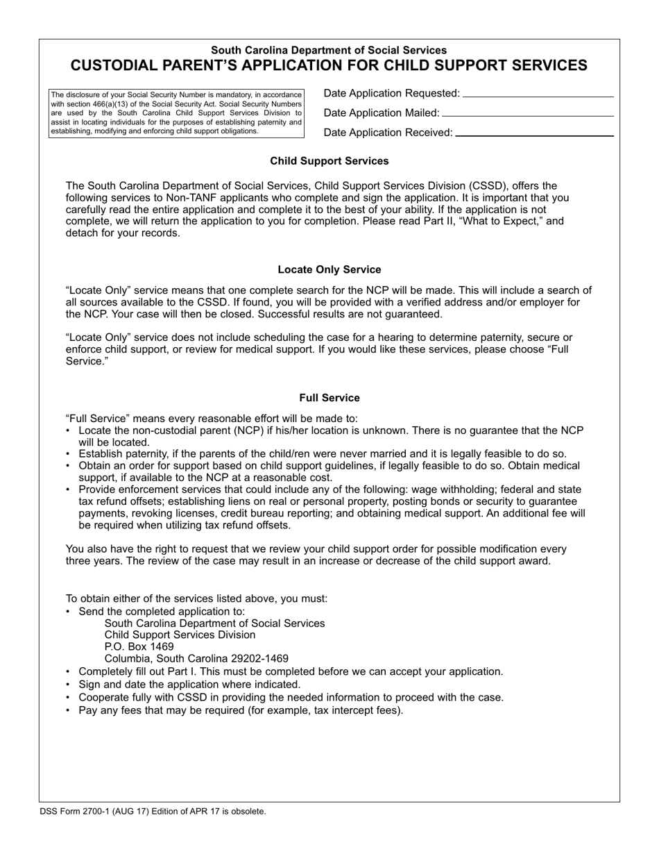 DSS Form 2700-1 Custodial Parents Application for Child Support Services - South Carolina, Page 1
