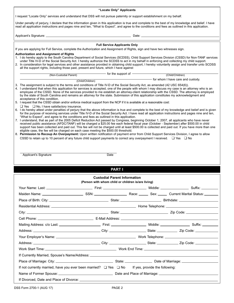 DSS Form 2700-1 Custodial Parents Application for Child Support Services - South Carolina, Page 2