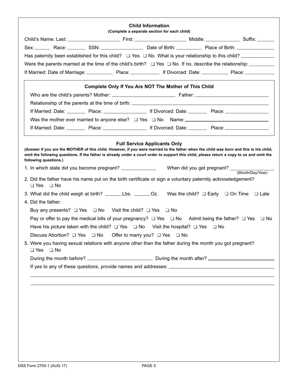 DSS Form 2700-1 Custodial Parents Application for Child Support Services - South Carolina, Page 5