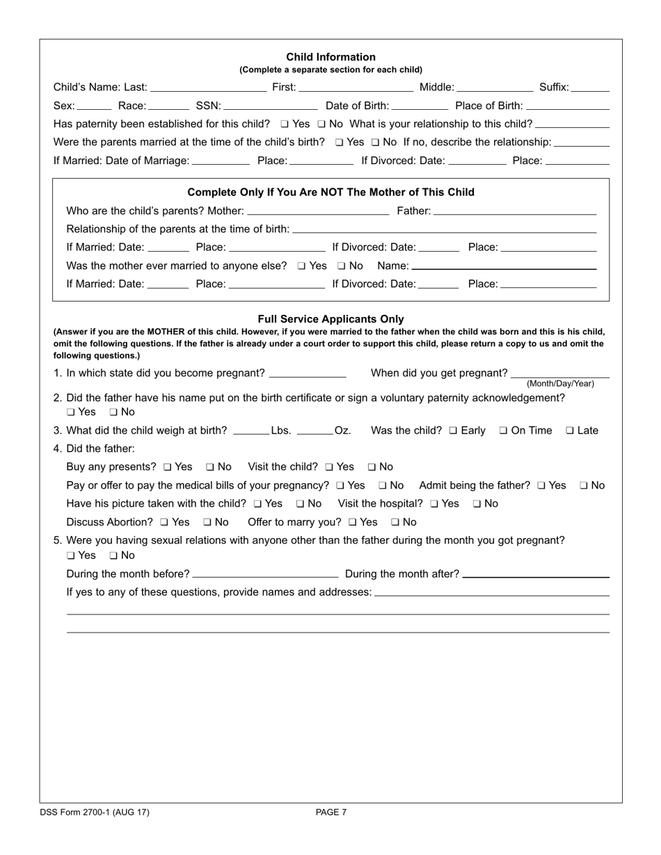 DSS Form 2700-1 Custodial Parents Application for Child Support Services - South Carolina, Page 7