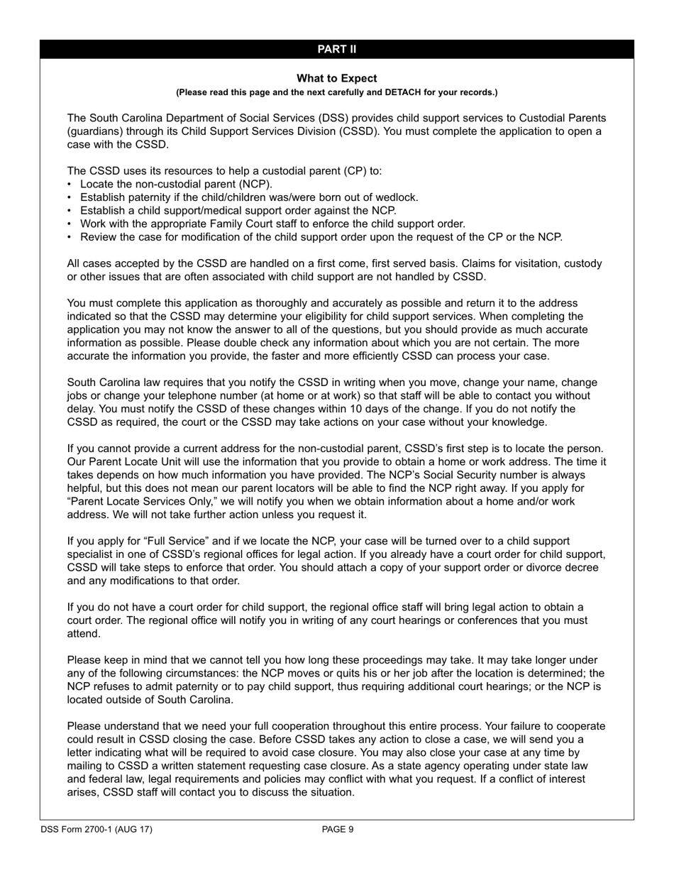 DSS Form 2700-1 Custodial Parents Application for Child Support Services - South Carolina, Page 9