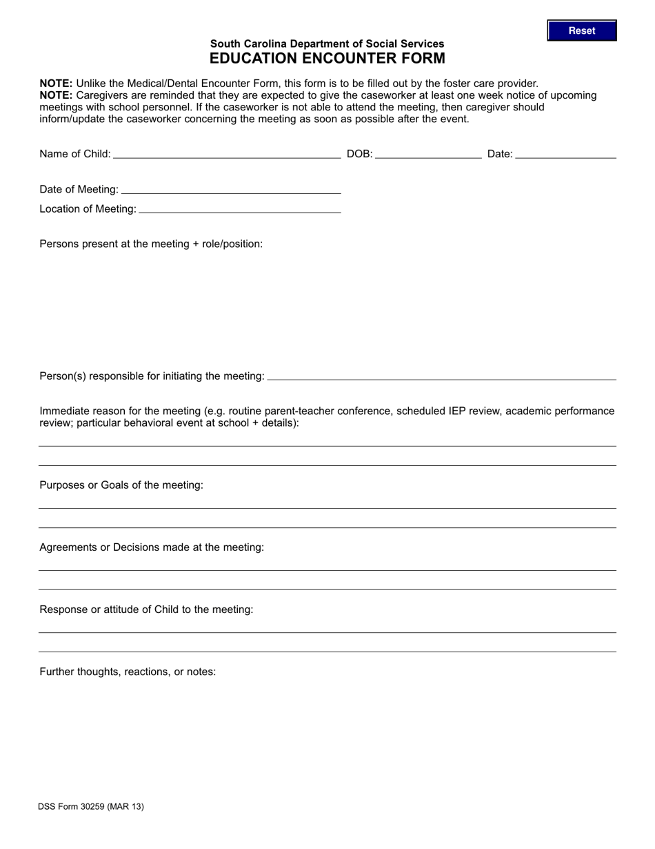 DSS Form 30259 Education Encounter Form - South Carolina, Page 1