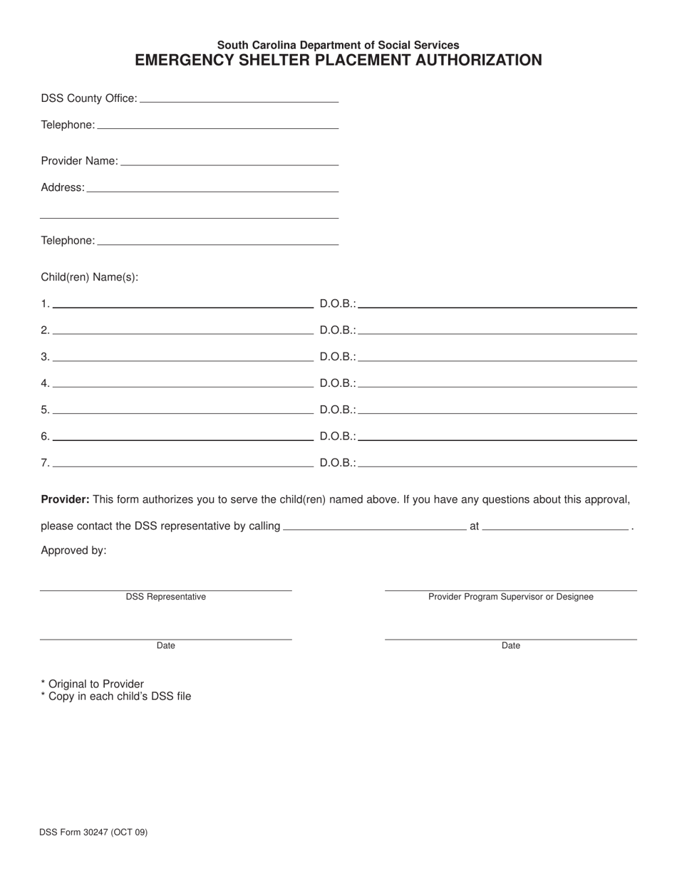 DSS Form 30247 Emergency Shelter Placement Authorization - South Carolina, Page 1