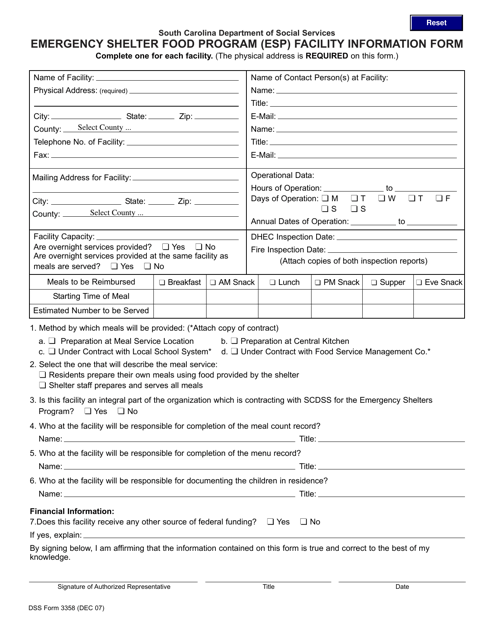DSS Form 3358 Emergency Shelter Food Program (Esp) Facility Information Form - South Carolina