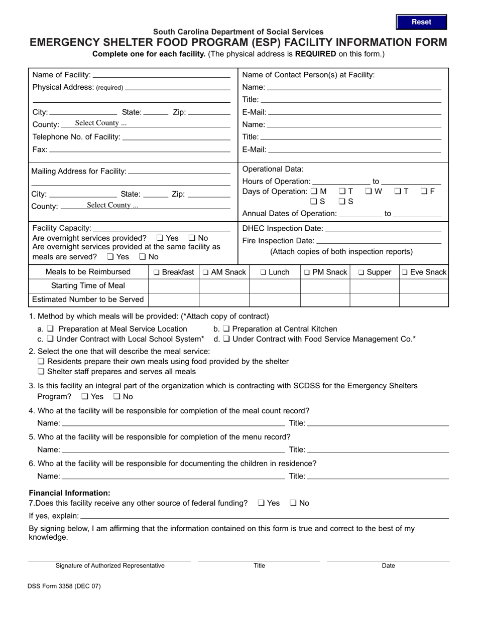 Dss Form 3358 Download Fillable Pdf Or Fill Online Emergency Shelter Food Program Esp Facility 9778