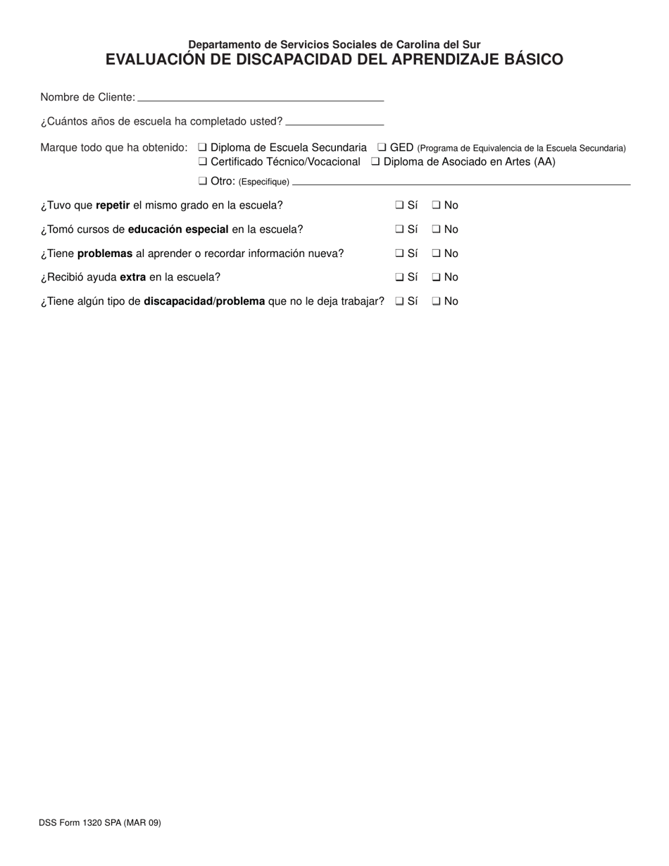 DSS Formulario 1320 SPA Evaluacion De Discapacidad Del Aprendizaje Basico - South Carolina (Spanish), Page 1