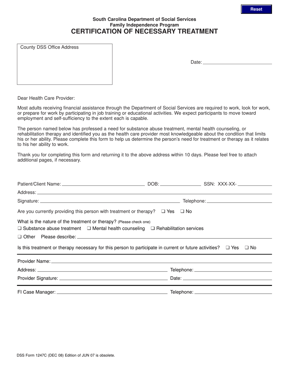 DSS Form 1247 Certification of Necessary Treatment - South Carolina, Page 1