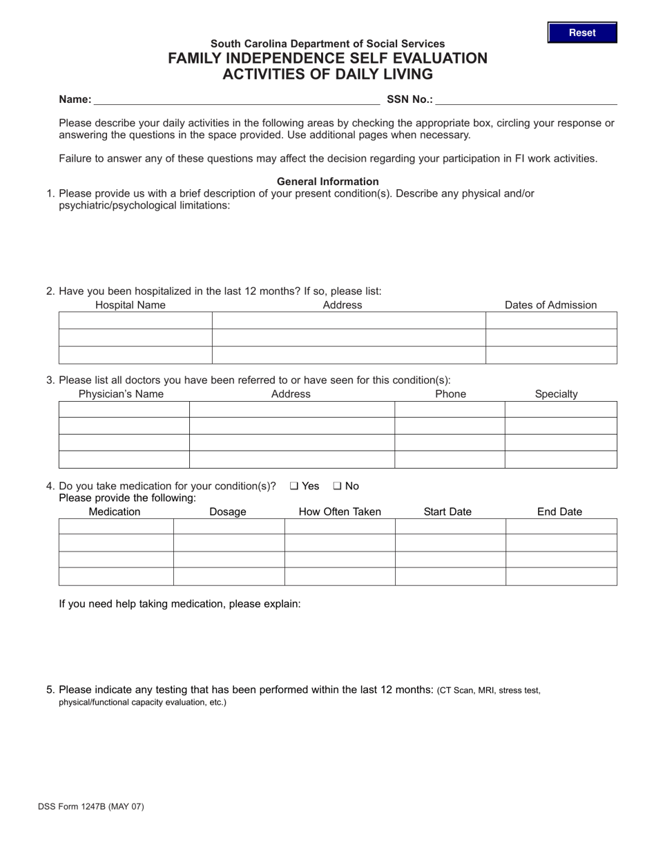 DSS Form 1247B Family Independence Self Evaluation Activities of Daily Living - South Carolina, Page 1