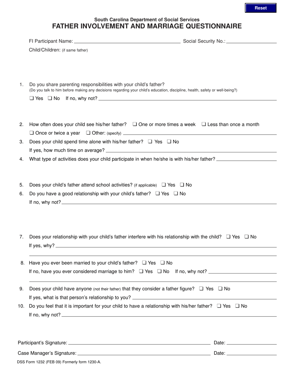 DSS Form 1232 Father Involvement and Marriage Questionnaire - South Carolina, Page 1