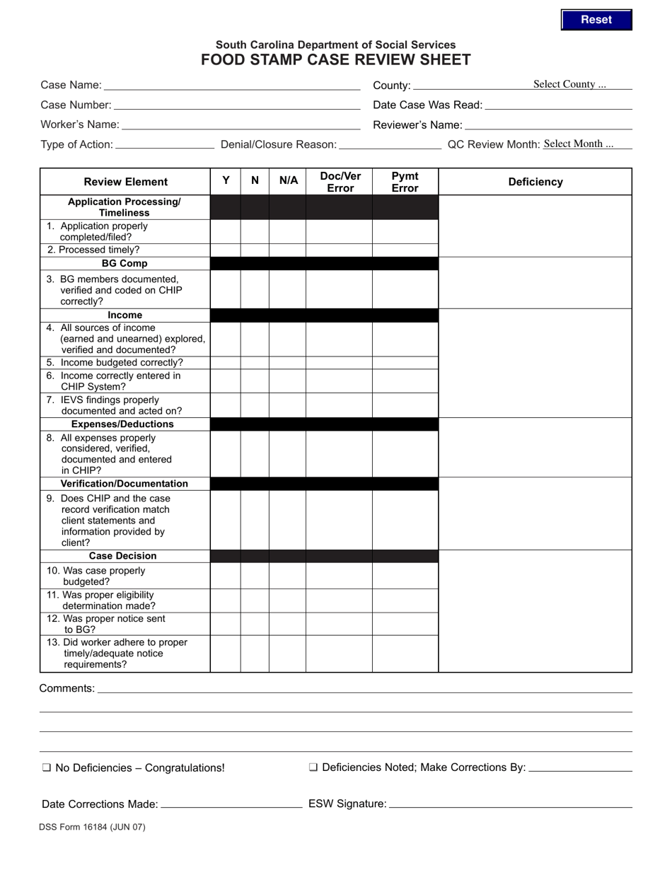 DSS Form 16184 Food Stamp Case Review Sheet - South Carolina, Page 1