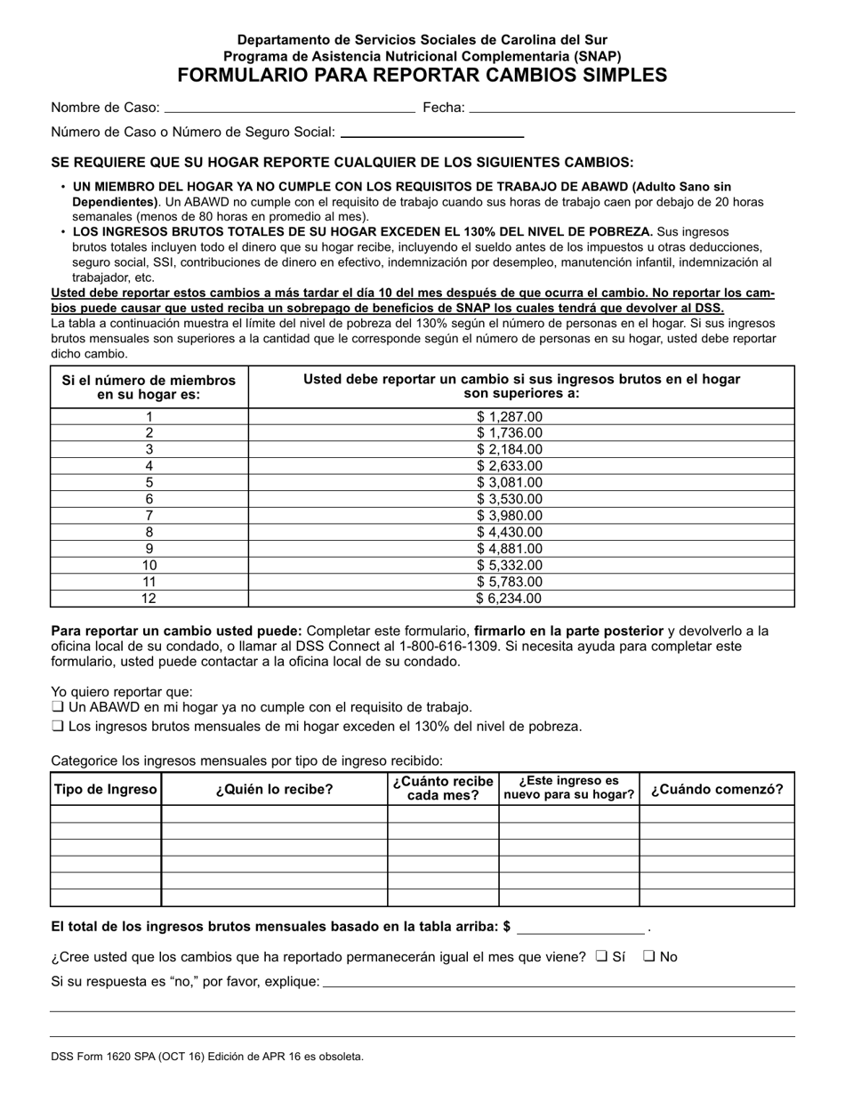 DSS Formulario 1620 Formulario Para Reportar Cambios Simples - South Carolina (Spanish), Page 1