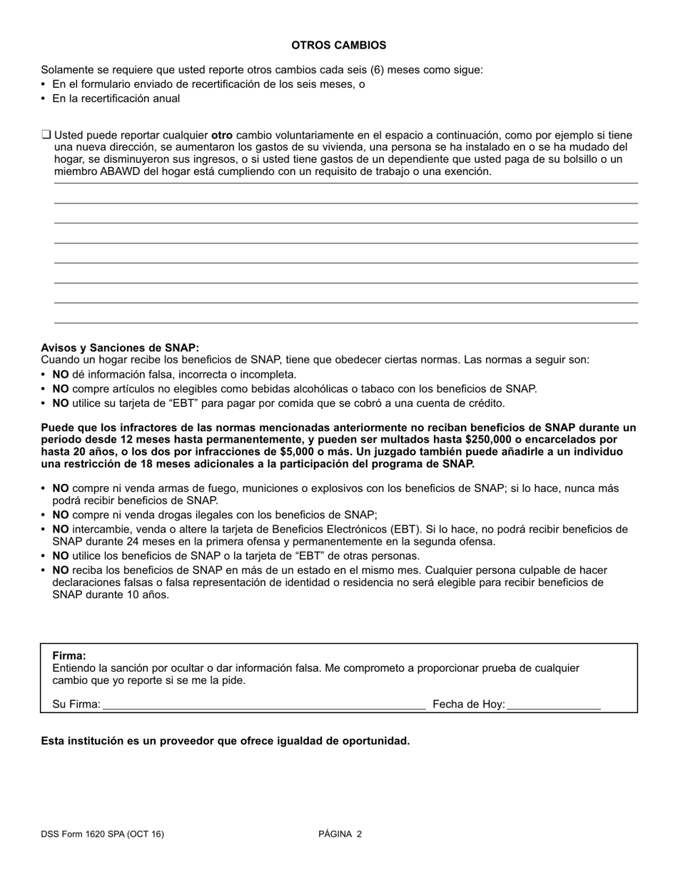 DSS Formulario 1620 Formulario Para Reportar Cambios Simples - South Carolina (Spanish), Page 2