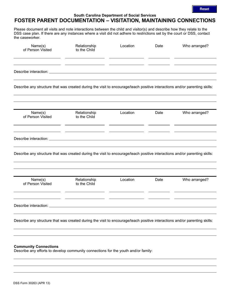 DSS Form 30263 Foster Parent Documentation - Visitation, Maintaining Connections - South Carolina, Page 1