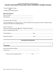 Document preview: DSS Form 30249 Foster Care Respite/College Youth Overnight Payment Invoice - South Carolina