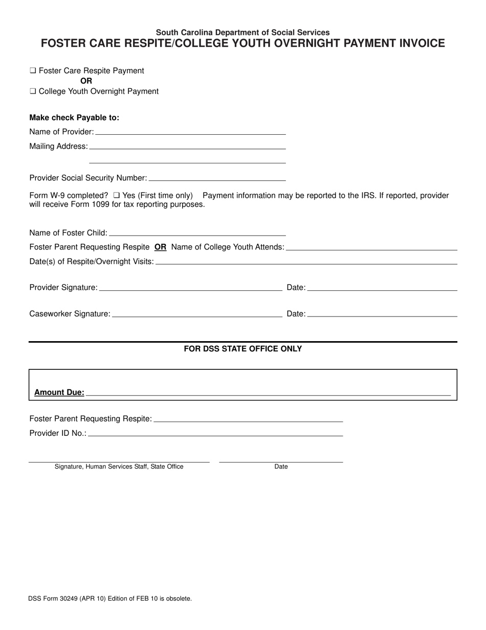 DSS Form 30249 Foster Care Respite/College Youth Overnight Payment Invoice - South Carolina, Page 1