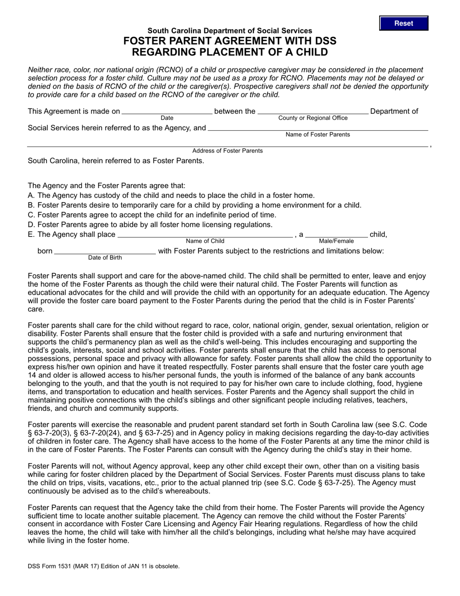 DSS Form 1531 Foster Parent Agreement With Dss Regarding Placement of a Child - South Carolina, Page 1
