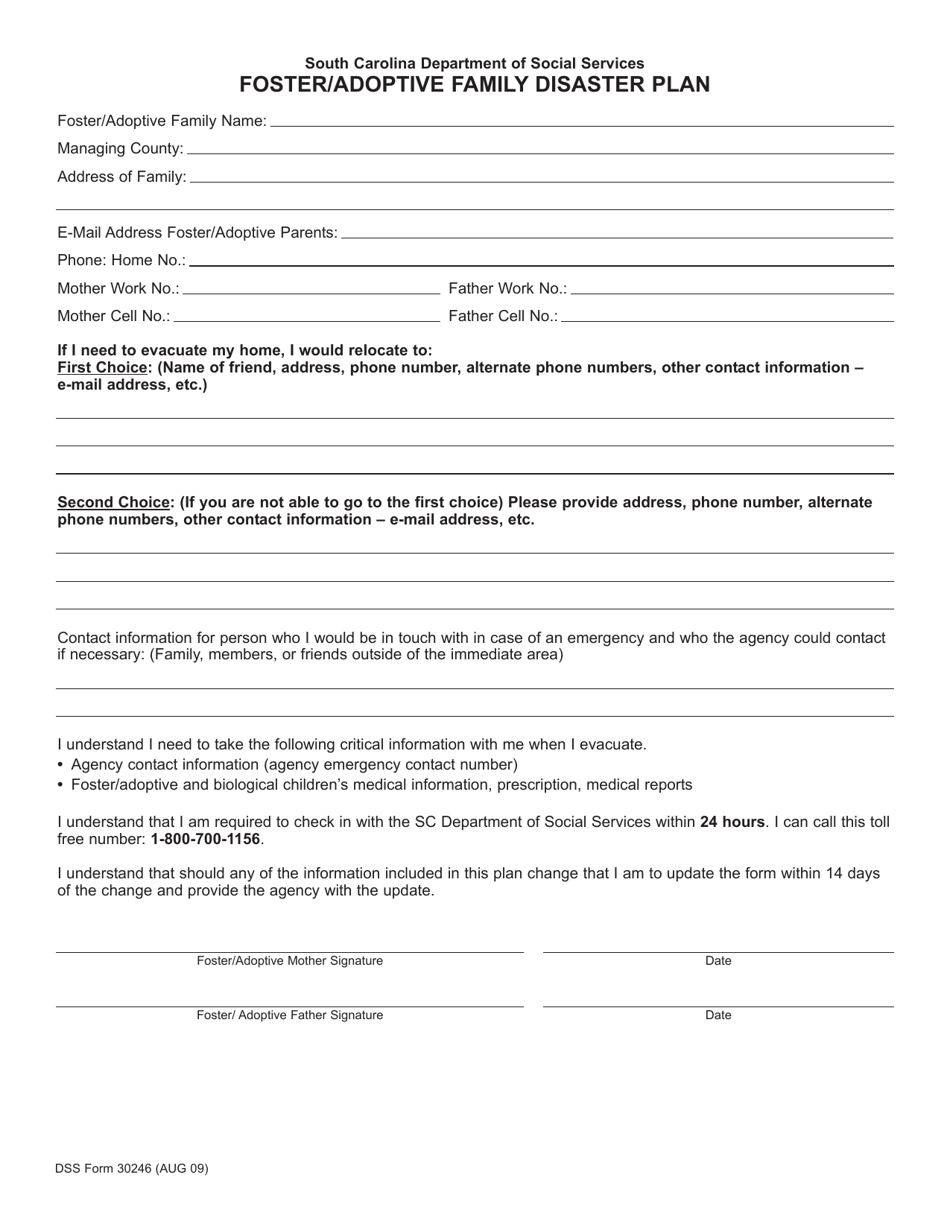 DSS Form 30246 Foster / Adoptive Family Disaster Plan - South Carolina, Page 1