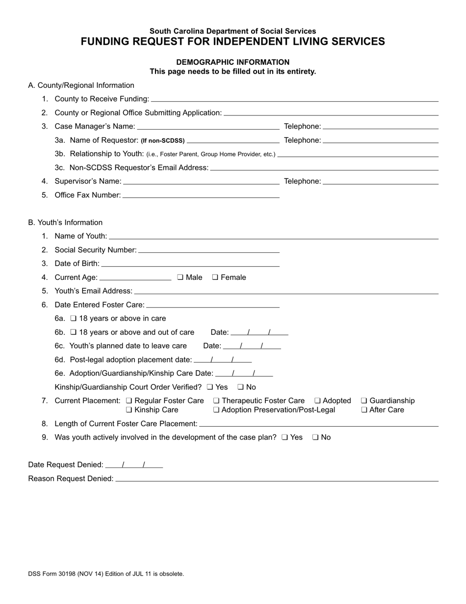 DSS Form 30198 Funding Request for Independent Living Services - South Carolina, Page 1
