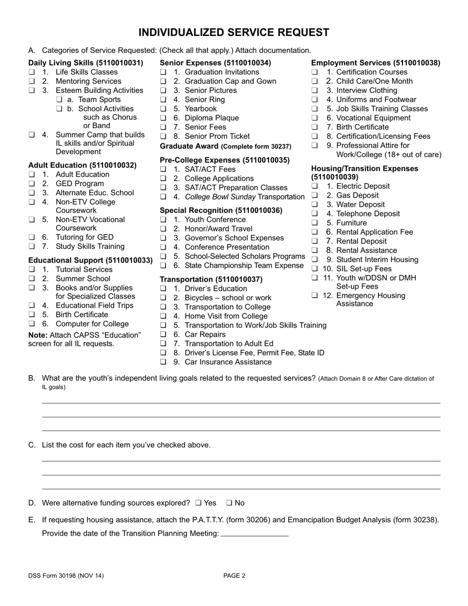 DSS Form 30198 Funding Request for Independent Living Services - South Carolina, Page 2