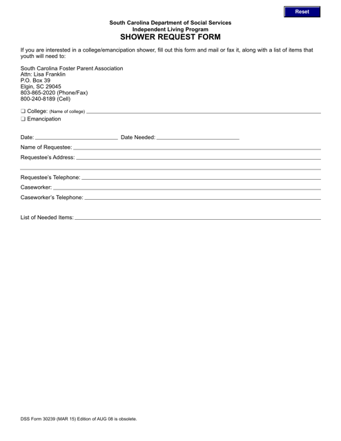 DSS Form 30239 Shower Request Form - South Carolina